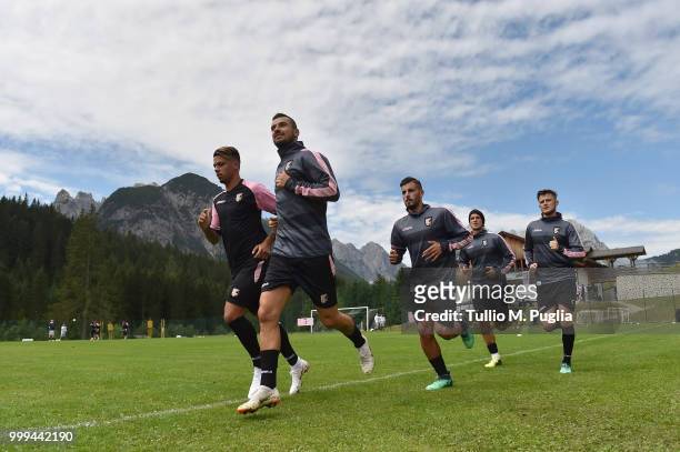 Players of Palermo in action during a training session at the US Citta' di Palermo training camp on July 15, 2018 in Belluno, Italy.