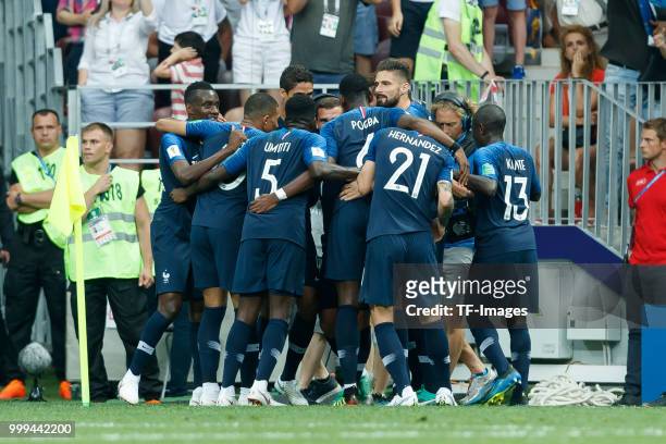 The players of France celebrates after the own goal by Mario Mandzukic of Croatia, and France's first goal during the 2018 FIFA World Cup Russia...