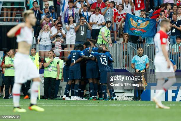 The players of France celebrates after the own goal by Mario Mandzukic of Croatia, and France's first goal during the 2018 FIFA World Cup Russia...