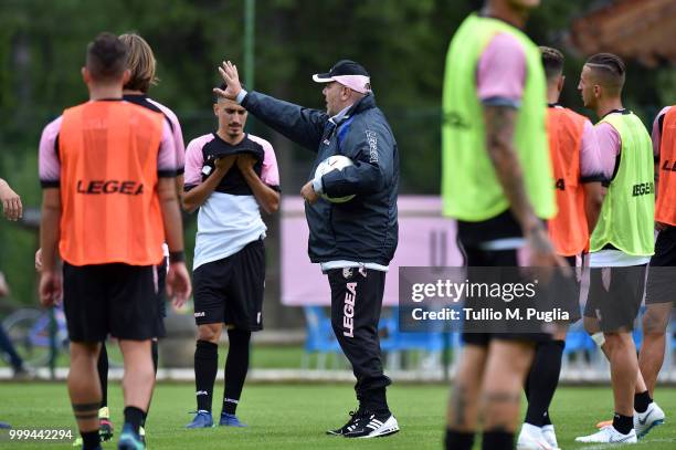 Head coach Bruno Tedinoleads a training session at the US Citta' di Palermo training camp on July 15, 2018 in Belluno, Italy.