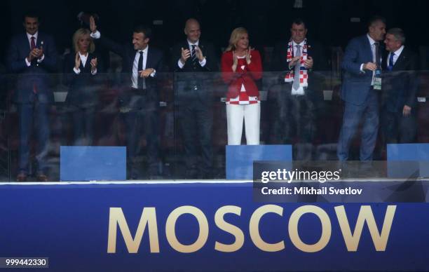 Qatar's Emir Tamin bih Hamad al-Thani , French President Emmanuel Macron , his wife Brigitte Macron , FIFA President Gianni Infantino , Croatian...