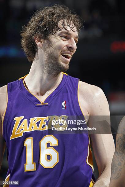 Pau Gasol of the Los Angeles Lakers smiles on court against the New Orleans Hornets on March 29, 2010 at the New Orleans Arena in New Orleans,...