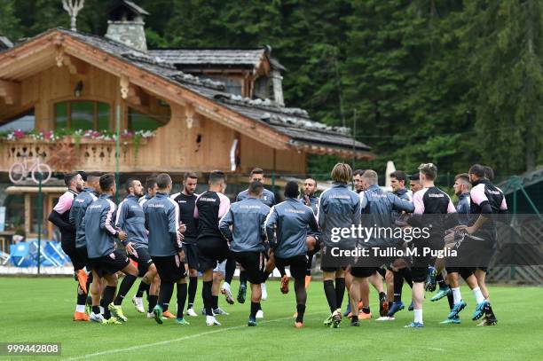 Players of Palermo in action during a training session at the US Citta' di Palermo training camp on July 15, 2018 in Belluno, Italy.