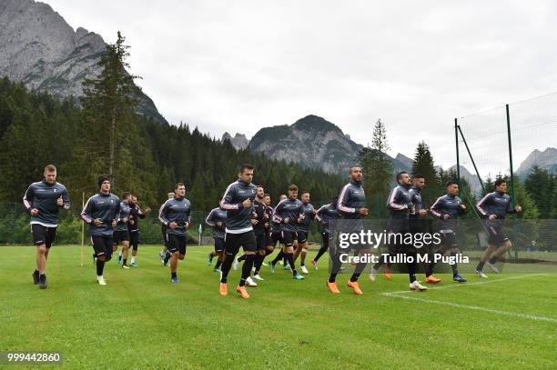 Players of Palermo in action during a training session at the US Citta' di Palermo training camp on July 15, 2018 in Belluno, Italy.