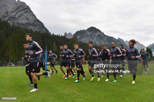 Players of Palermo in action during a training session at the US Citta' di Palermo training camp on July 15, 2018 in Belluno, Italy.