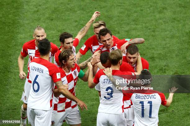 Ivan Perisic of Croatia celebrates with team mates after scoring his team's first goal during the 2018 FIFA World Cup Final between France and...