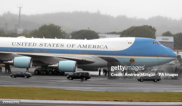 The US presidential convoy arrives at Air Force One at at Prestwick airport in Ayrshire, as US President Donald Trump and his wife Melania will fly...