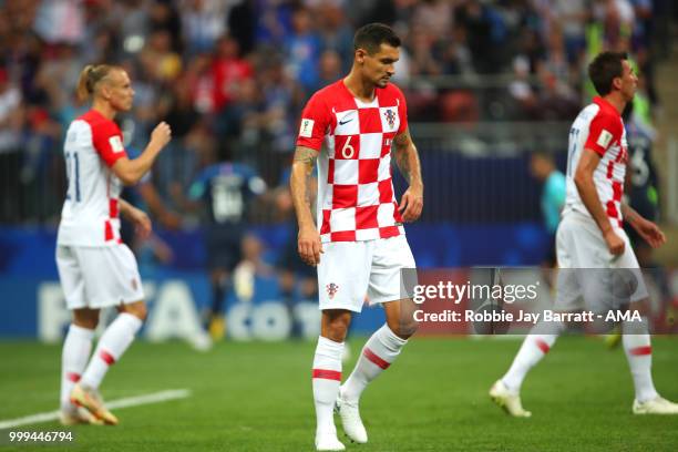Dejan Lovren of Croatia and his team-mates react after Mario Mandzukic of Croatia scored an own goal to make it 1-0 during the 2018 FIFA World Cup...