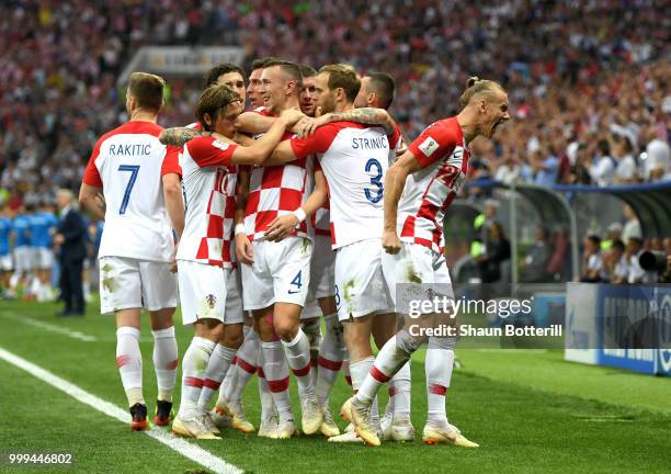 Ivan Perisic of Croatia celebrates with team mates after scoring his team's first goal during the 2018 FIFA World Cup Final between France and...