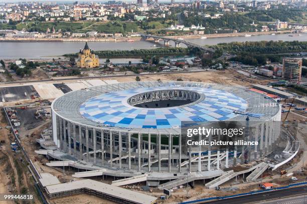 Picture of the Nizhny Novgorod Stadium taken in Nizhny Novgorod, Russia, 26 August 2017 . The Alexander Nevsky Cathedral and the Oka river , which...