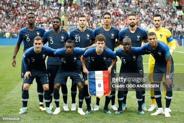 France's midfielder Paul Pogba, France's defender Samuel Umtiti, France's defender Lucas Hernandez, France's defender Raphael Varane, France's...