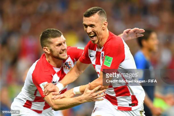 Ivan Perisic of Croatia celebrates with team mate Ante Rebic after scoring his team's first goal during the 2018 FIFA World Cup Final between France...