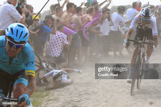 Michal Kwiatkowski of Poland and Team Sky / Crash / Luke Rowe of Great Britain and Team Sky / Cobbles / Pave / Dust / during the 105th Tour de France...