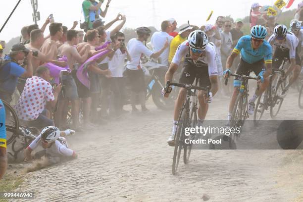 Michal Kwiatkowski of Poland and Team Sky / Crash / Luke Rowe of Great Britain and Team Sky / Cobbles / Pave / Dust / during the 105th Tour de France...