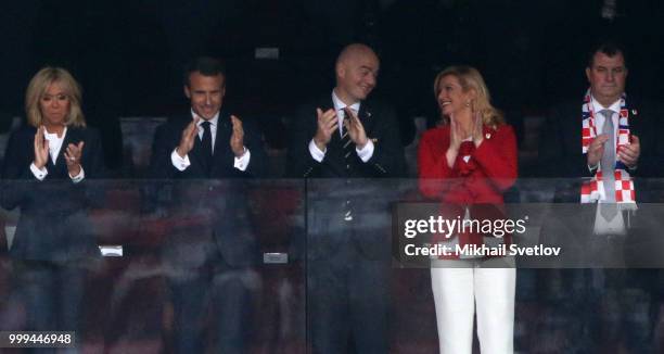 French President Emmanuel Macron , his wife Brigitte Macron , FIFA President Gianni Infantino , Croatian President Kolinda Grabar-Kitarovic and her...