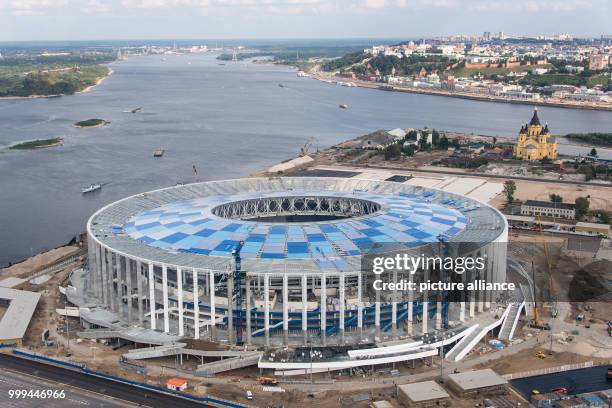 Picture of the Nizhny Novgorod Stadium taken in Nizhny Novgorod, Russia, 26 August 2017 . The Alexander Nevsky Cathedral and the Oka river , which...