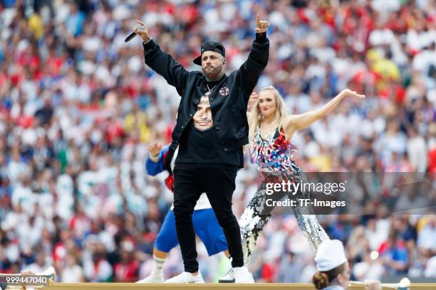 Nicky Jam perform during the closing ceremony prior to the 2018 FIFA World Cup Final between France and Croatia at Luzhniki Stadium on July 15, 2018...