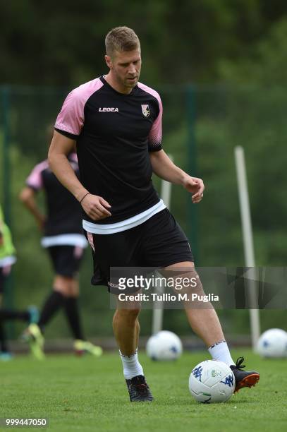 Slobodan Rajkovic in action during a training session at the US Citta' di Palermo training camp on July 15, 2018 in Belluno, Italy.