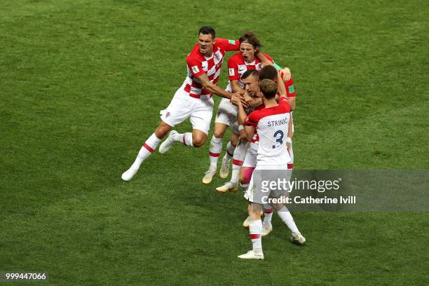Ivan Perisic of Croatia celebrates with teammates after scoring his team's first goal during the 2018 FIFA World Cup Final between France and Croatia...