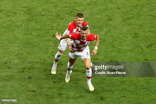Ivan Perisic of Croatia celebrates with team mate Ante Rebic after scoring his team's first goal during the 2018 FIFA World Cup Final between France...