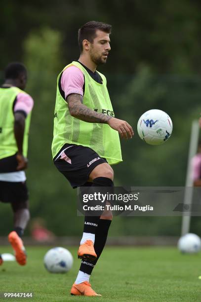 Aleksandar Trajkovski in action during a training session at the US Citta' di Palermo training camp on July 15, 2018 in Belluno, Italy.