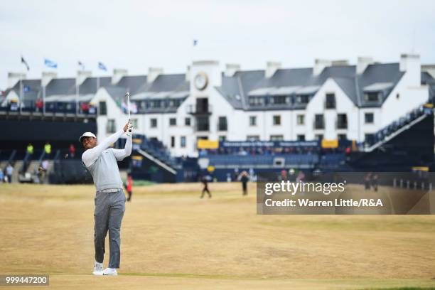 Tiger Woods of the United States seen on the 1st hole while practicing during previews to the 147th Open Championship at Carnoustie Golf Club on July...