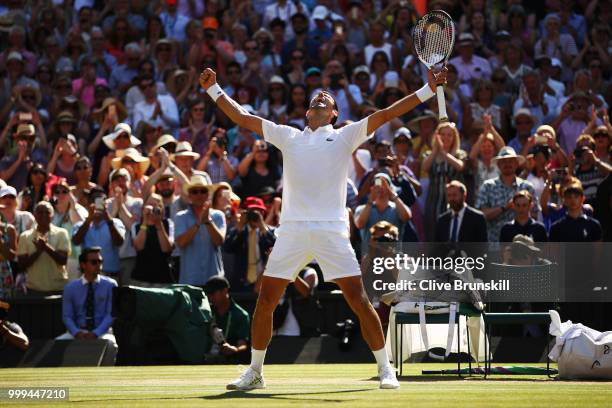 Novak Djokovic of Serbia celebrates Championship point against Kevin Anderson of South Africa during the Men's Singles final on day thirteen of the...