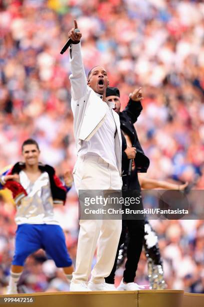 Singer Will Smith performs in the closing ceremony before the 2018 FIFA World Cup Russia Final between France and Croatia at Luzhniki Stadium on July...