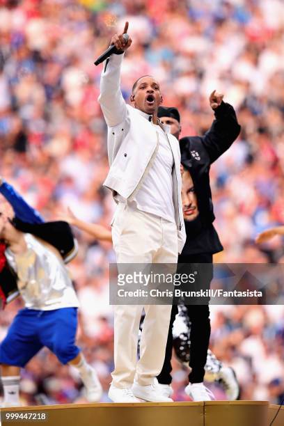 Singer Will Smith performs in the closing ceremony before the 2018 FIFA World Cup Russia Final between France and Croatia at Luzhniki Stadium on July...