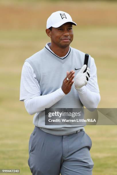 Tiger Woods of the United States seen while practicing during previews to the 147th Open Championship at Carnoustie Golf Club on July 15, 2018 in...