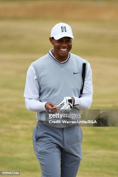 Tiger Woods of the United States seen while practicing during previews to the 147th Open Championship at Carnoustie Golf Club on July 15, 2018 in...