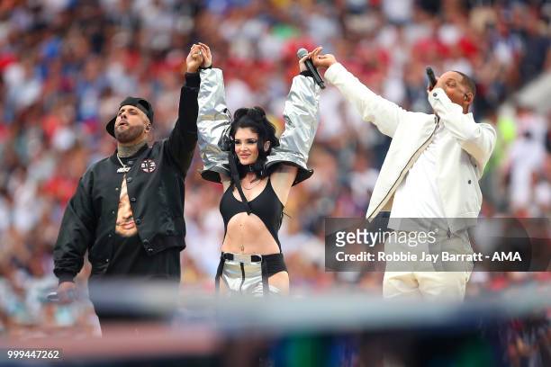 Nicky Jam, Era Istrefi and Will Smith perform at the closing ceremony prior to the 2018 FIFA World Cup Russia Final between France and Croatia at...