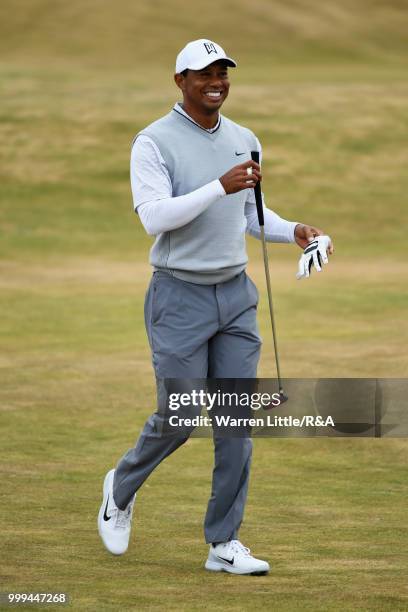 Tiger Woods of the United States seen while practicing during previews to the 147th Open Championship at Carnoustie Golf Club on July 15, 2018 in...