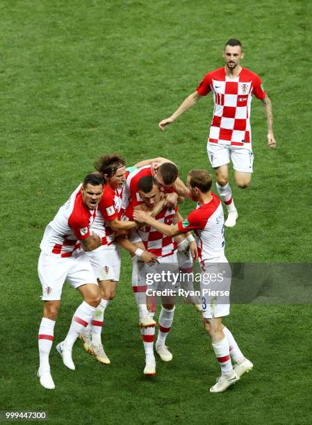 Ivan Perisic of Croatia celebrates with team mates after scoring his team's first goal during the 2018 FIFA World Cup Final between France and...