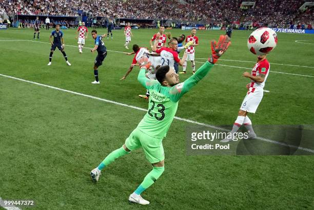 Mario Mandzukic of Croatia scores an own goal from Antoine Griezmann of France's free-kick for France's first goal during the 2018 FIFA World Cup...