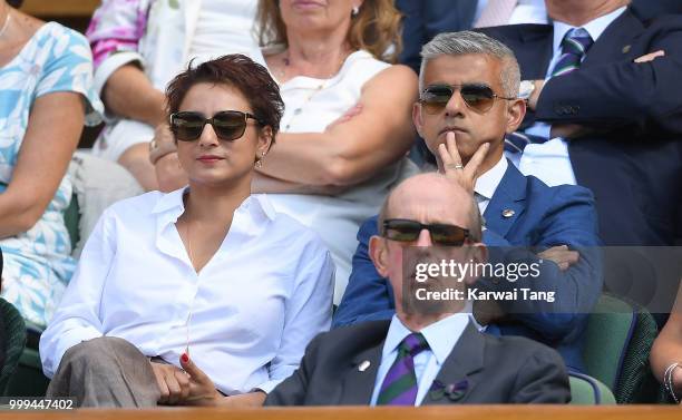 Saadiya Khan and Mayor of London Sadiq Khan attend the men's singles final on day thirteen of the Wimbledon Tennis Championships at the All England...