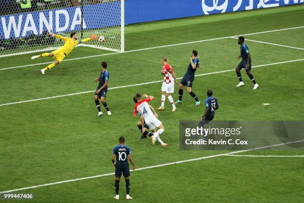 Ivan Perisic of Croatia scores his team's first goal during the 2018 FIFA World Cup Final between France and Croatia at Luzhniki Stadium on July 15,...