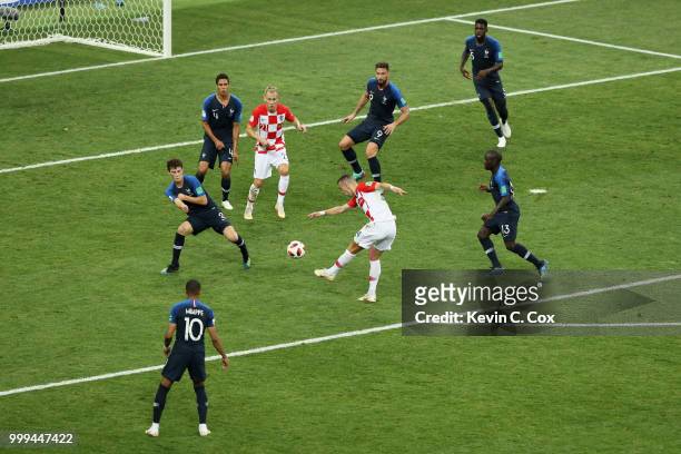 Ivan Perisic of Croatia scores his team's first goal during the 2018 FIFA World Cup Final between France and Croatia at Luzhniki Stadium on July 15,...