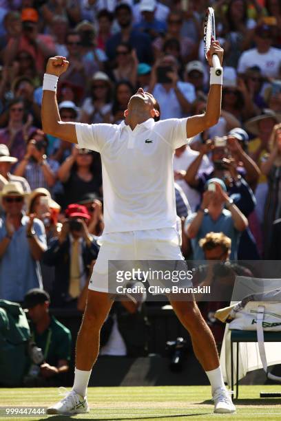 Novak Djokovic of Serbia celebrates Championship point against Kevin Anderson of South Africa during the Men's Singles final on day thirteen of the...