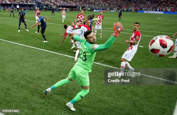 Mario Mandzukic of Croatia scores an own goal from Antoine Griezmann of France's free-kick for France's first goal during the 2018 FIFA World Cup...