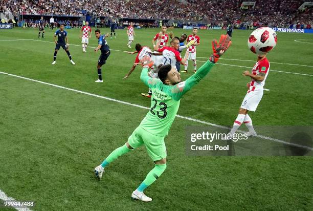 Mario Mandzukic of Croatia scores an own goal from Antoine Griezmann of France's free-kick for France's first goal during the 2018 FIFA World Cup...