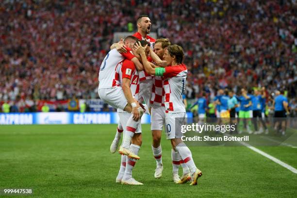 Ivan Perisic of Croatia celebrates with team mates after scoring his team's first goal during the 2018 FIFA World Cup Final between France and...