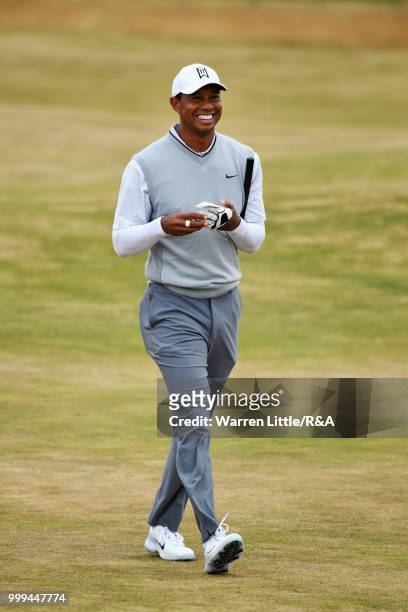 Tiger Woods of the United States seen while practicing during previews to the 147th Open Championship at Carnoustie Golf Club on July 15, 2018 in...