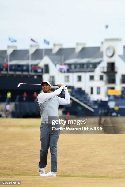 Tiger Woods of the United States seen on the 1st hole while practicing during previews to the 147th Open Championship at Carnoustie Golf Club on July...