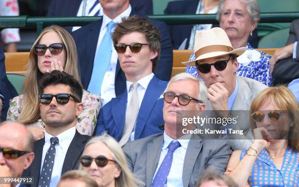 Hannah Bagshawe, Eddie Redmayne and Benedict Cumberbatch attends the men's singles final on day thirteen of the Wimbledon Tennis Championships at the...