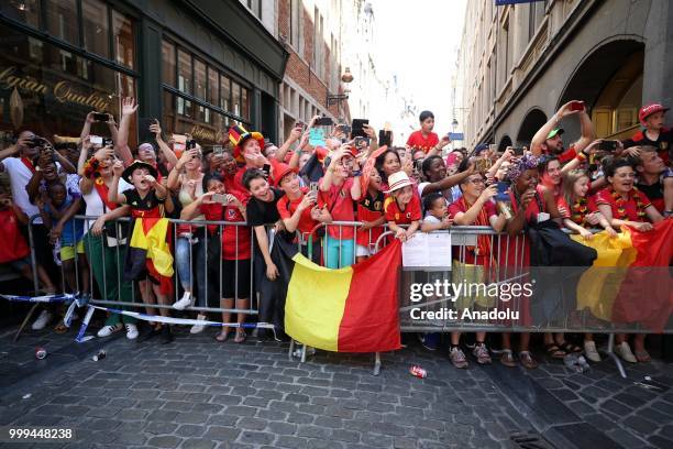 People gather at Grand Place for Belgium national team as they arrive in Brussels after they won the 2018 FIFA World Cup Russia Play-Off for Third...