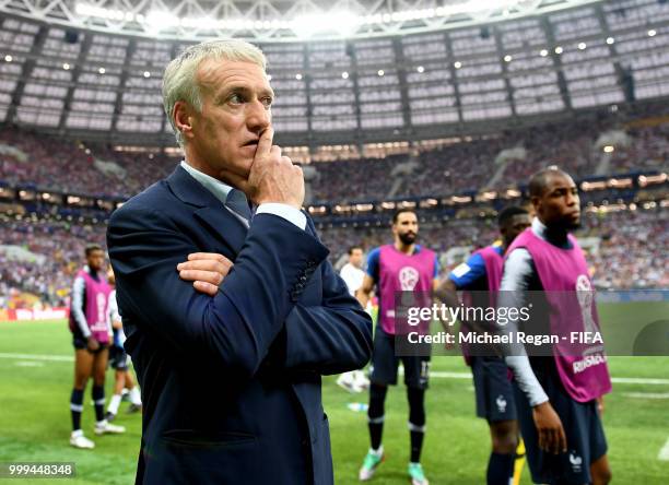 Didier Deschamps, Manager of France waits for the referee to view VAR footage before awarding a penalty to France during the 2018 FIFA World Cup...