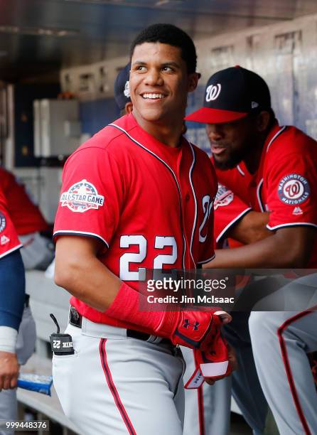 Juan Soto of the Washington Nationals looks on before a game against the New York Mets at Citi Field on July 14, 2018 in the Flushing neighborhood of...