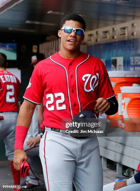 Juan Soto of the Washington Nationals looks on before a game against the New York Mets at Citi Field on July 14, 2018 in the Flushing neighborhood of...