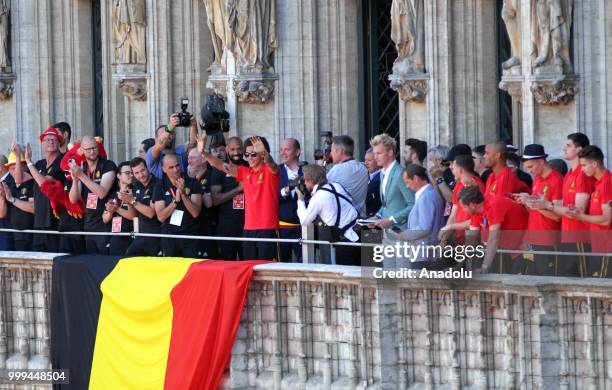 Players of Belgium national team greet their supporters at Grand Place as they arrive in Brussels after they won the 2018 FIFA World Cup Russia...